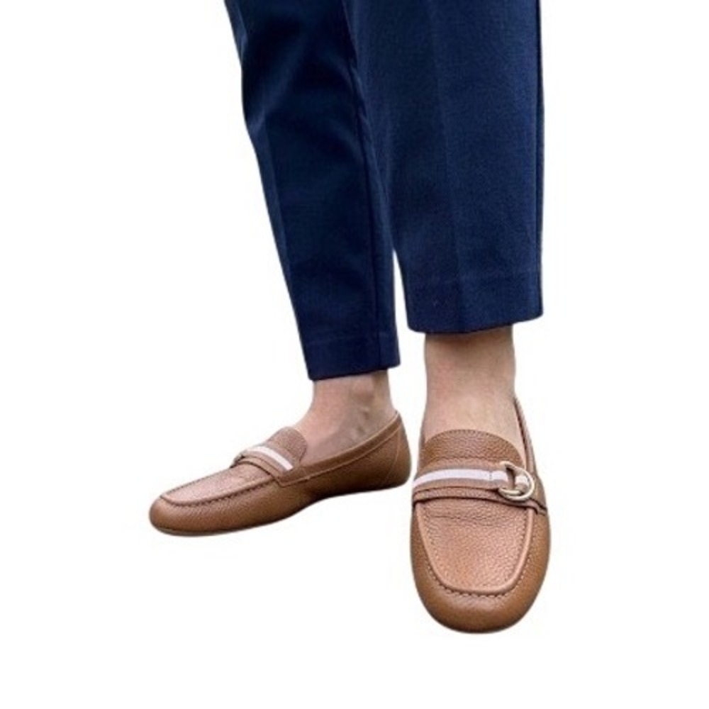 Talbots Womens Brown Pebbled Leather Driving Loafers Striped Buckle Flats‎ 7M